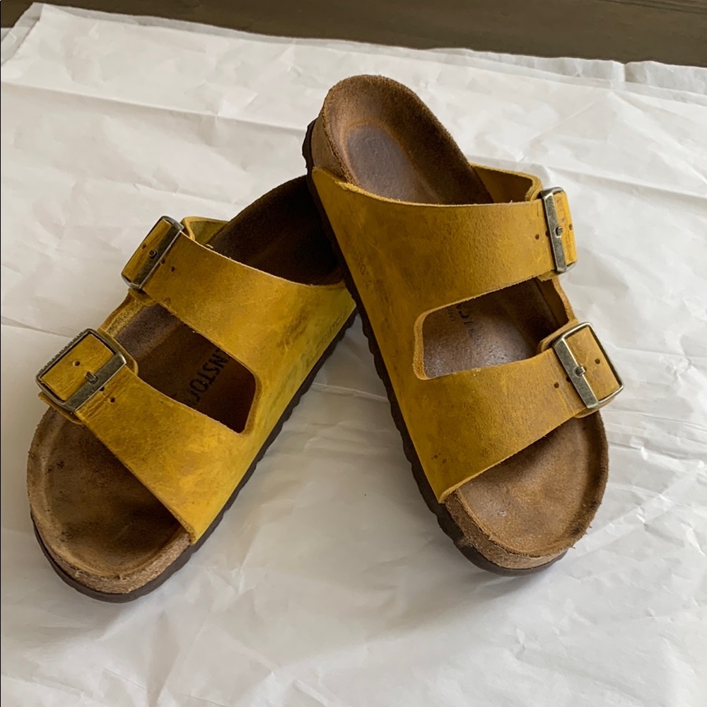 Birkenstock Yellow suede big buckle sandals